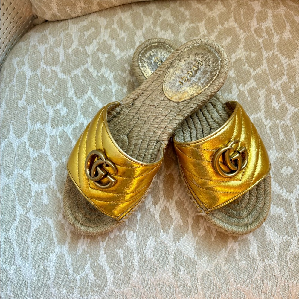 Gucci GG Marmont Gold Espadrille Slippers